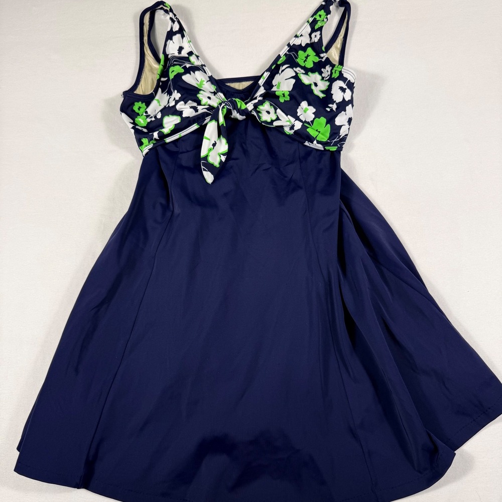 It Figures! Swim Dress 16 Navy Blue Floral Tie Front Slender Thighs